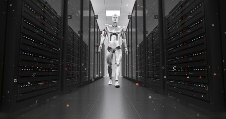 AI Controlled Modern Robot Confidently Walking In Data Center. Technology Related 3D Render.