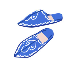 Slippers, traditional Moroccan babouche shoes with pointed toes. Comfortable footwear, ethnic Morocco patterns. Chic accessory in Arab style. Flat vector illustration isolated on white background