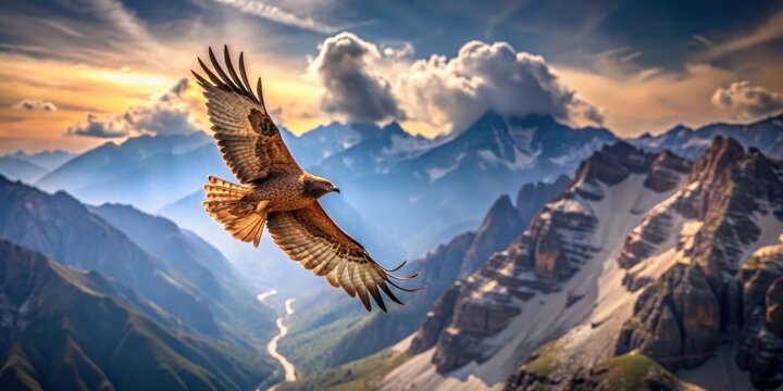 A majestic hawk gracefully circles above a rugged mountain range with rocky peaks, hawk, circling, mountain, range, rocky