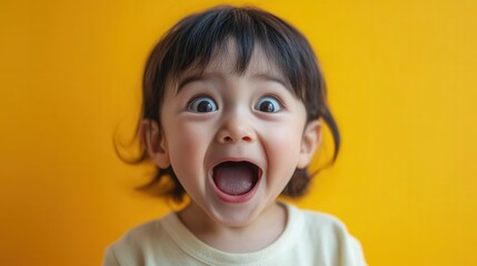 A young child with dark hair enthusiastically shows joy with a big smile and wide eyes, clearly filled with delight. Generative AI