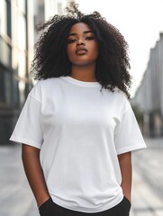 African american young woman plus size model in cotton plain white t-shirt on city street background. Big size clothing mock up for print or branding