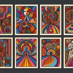 Collection of 70s poster background vector. Set of retro wall decoration, groovy, trippy, colorful line. Vintage hippie wall art for interior, decorative, banner, cover, card. 