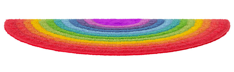 Colorful, vibrant, rainbow carpet with a detailed texture, perfect for modern kids room interiors, on transparent background. Cut out rug. Childish, playful style. Front view. 3D render.