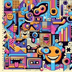 Cool Abstract Groovy Background. Trendy Y2k Geometric Collage Illustration. Smile Poster Art 2