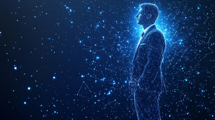 Close-up of a businessman in a suit. An abstract polygonal wireframe depiction of a young, successful man in a luxurious classic suit. Vector low-poly illustration on a navy banner with space for text