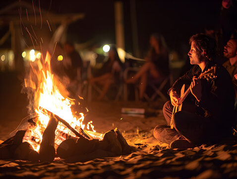 People sitting around a beach bonfire with live music playing, enjoying a relaxing evening.