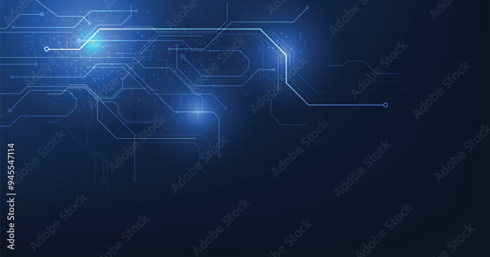 Poster Circuit board blue technology background.Vector abstract technology illustration Circuit board on dark blue background.High-tech circuit board connection system concept.	