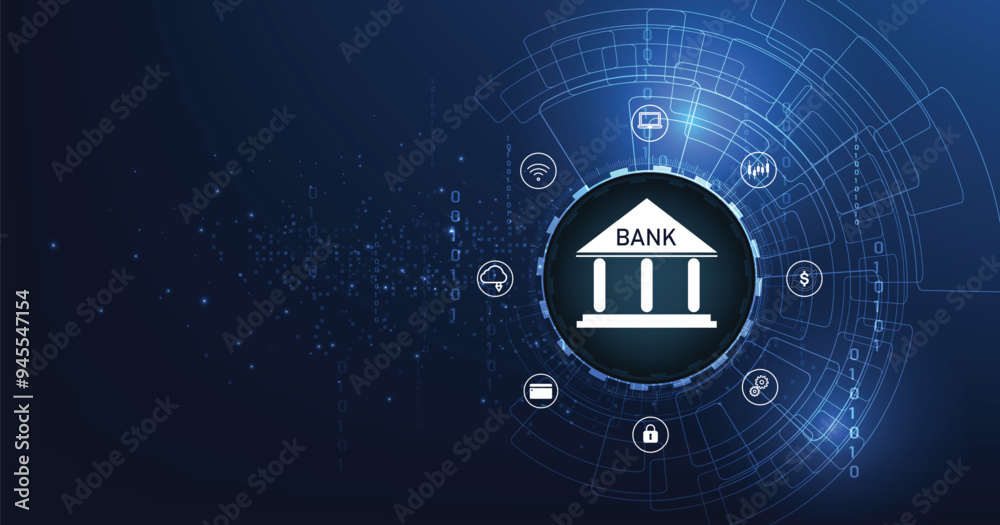 Poster online banking technology concept.isometric illustration of bank on electric circuit lines backgroun
