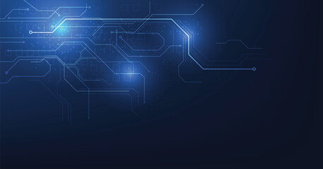 Circuit board blue technology background.Vector abstract technology illustration Circuit board on dark blue background.High-tech circuit board connection system concept.	