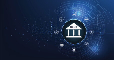 Online banking technology concept.Isometric illustration of bank on electric circuit lines background.Digital connect system.Financial technology concept.Vector illustration.EPS 10.	