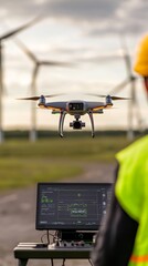 Drone flying over a wind farm with operator monitoring flight data on a computer screen, showcasing modern technology in energy.