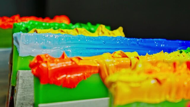 Fabric printing ink on squeegees arranged in rows. A collection of thick, glossy paint samples in various bright hues, arranged in a horizontal line against a dark background.
Tee shirt printing ink