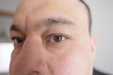 Male Brown Eyes close-up, young Caucasian man looking, Masculine beauty, vision examination, myopia, eye fatigue, color perception
