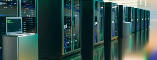 Rackmount LED console in server room data center. Server. Room servers data center. Backup, mining, hosting, mainframe, farm and computer rack with storage information. 3d render