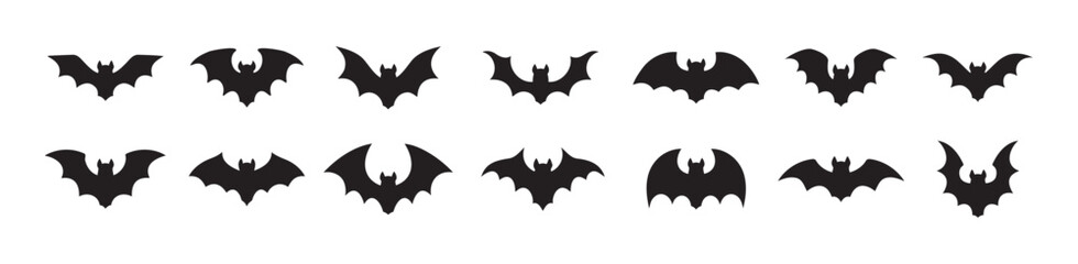 Halloween black bat isolated silhouettes holiday horror, vector cartoon icons. Flying vampire bat silhouettes for Halloween and trick or treat party scary and spooky decoration