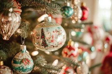 A close-up view of various colorful Christmas tree ornaments, including hand-painted glass baubles