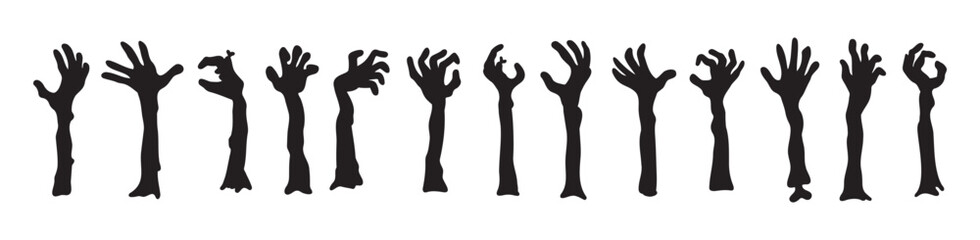 Zombie hands silhouettes. Halloween decor. Set doodle zombie hand