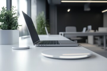 Laptop on a White Desk in a Modern Office