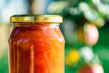 Glass jar of apple jam and fresh fruits on garden background.