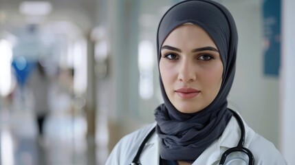 A medical professional wearing a headscarf and stethoscope, for use in a healthcare or medical setting