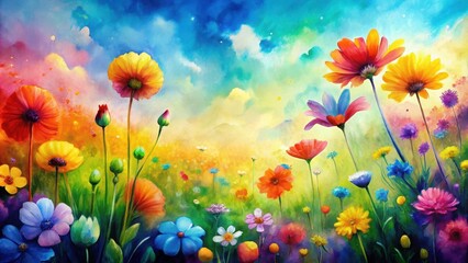 Obraz premium Vibrant watercolor painting of rainbow colored flowers in a field, watercolor, painting, field, flowers, rainbow, colorful, vibrant