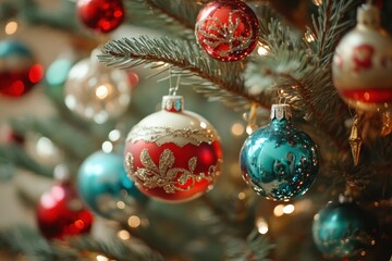 A close-up view of various colorful Christmas tree ornaments, including hand-painted glass baubles