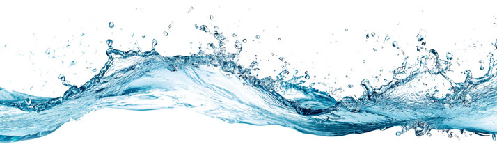 Dynamic blue water wave with isolated splashes and droplets on a white background