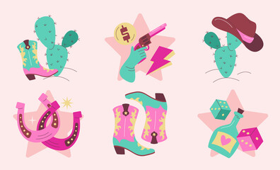 Hand drawn flat cowgirl mini composition set