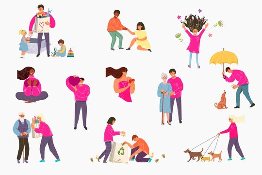 Hand drawn kindness concept flat cartoon set