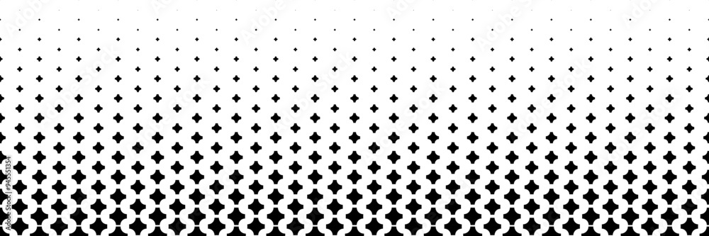 Poster horizontal halftone of black curved plus and cross design for pattern and background.
