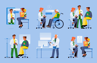 Hand drawn flat family doctor mini composition set