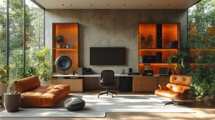 Modern home office setup with ergonomic furniture, high-speed internet, and a stylish desk, showcasing a productive and comfortable remote work environment 