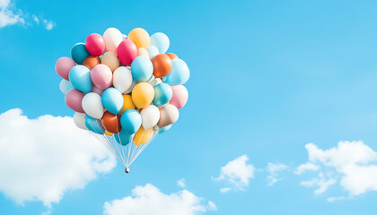 Fototapeta premium Colorful balloons floating in a clear blue sky with fluffy white clouds, creating a joyful and uplifting atmosphere.