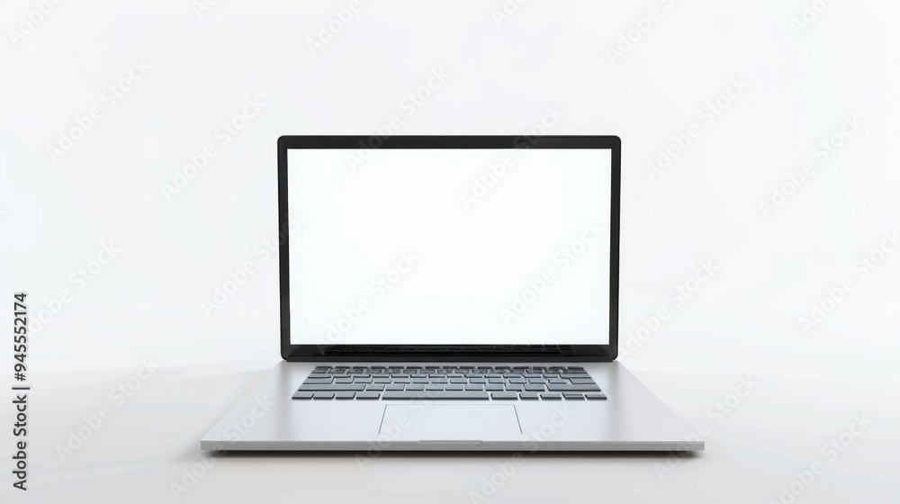 Poster a laptop computer with a white screen on a table, ideal for office or home use