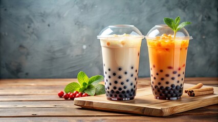Two delicious bubble teas arranged on a table, bubble tea, boba, tapioca pearls, milk tea, flavored drinks, Asian beverage