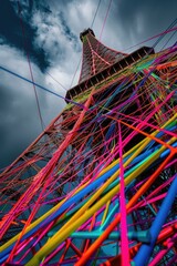 Obraz premium Colorful wire wrapped around the iconic Eiffel Tower, perfect for decoration or art project ideas