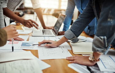 Business people, review and paperwork with hands, statistics and social media trends on desk....