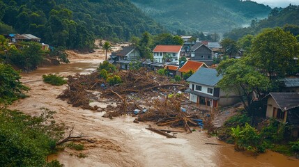 A river flood devastates a village, with debris and damaged homes amidst a lush landscape.
