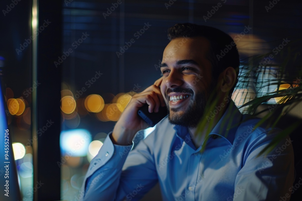 Poster A person conversing on their mobile device while seated at a table