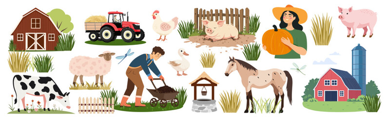 Farm Life. Domestic animals such as a cow, horse, pig, and chicken, along with agricultural equipment and rural buildings. Vector illustration in flat style, isolated on a white background
