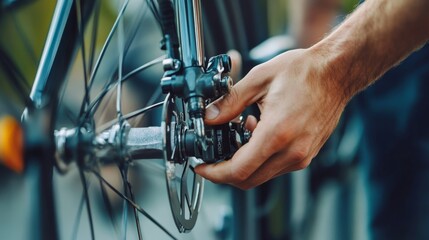 Close-up of hands adjusting or repair a bicycle system, ensuring it functions smoothly in a shop.