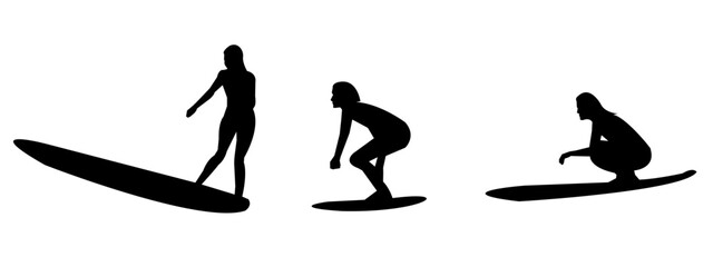 silhouette of several surfers isolated on white background. different poses. sport, surfing, summer theme. vector illustration.