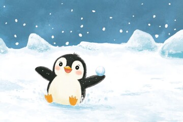 Storybook style illustration of a penguin sliding down an icy slope with a snowball in its flipper, polar backdrop with icebergs, kids' picture book style illustration, for kids books, nursery