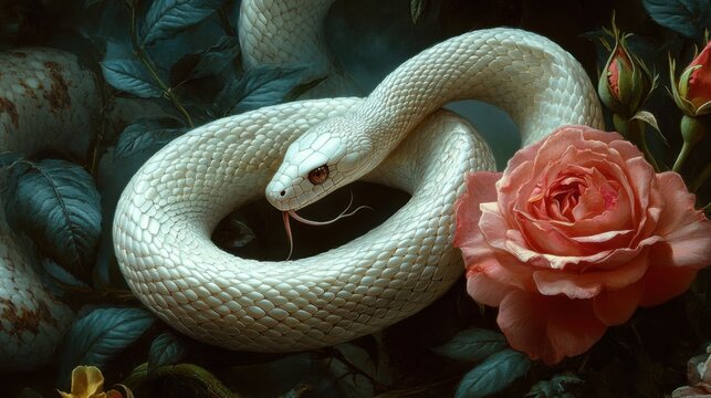 Serpentine elegance: a white snake entwined with a rose, evoking a blend of delicate and dangerous beauty.