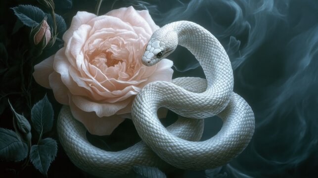 Serpentine elegance: a white snake entwined with a rose, evoking a blend of delicate and dangerous beauty.