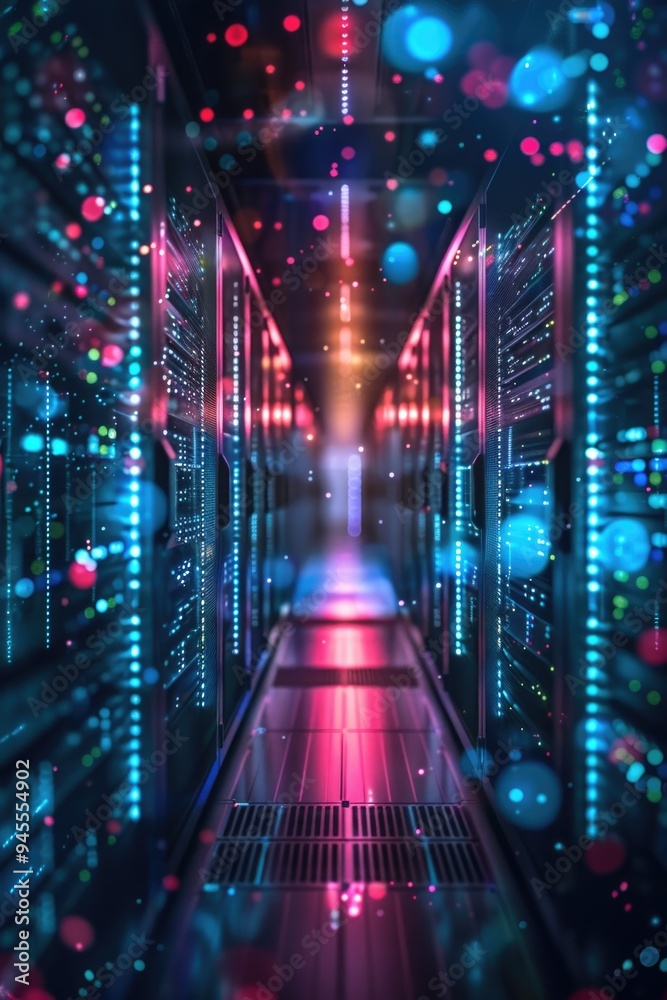 Poster a modern server room filled with numerous colorful lights