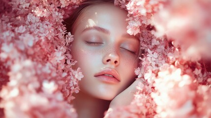 Naklejka premium Soft, dreamy portrait of a woman surrounded by pink flowers, blending natural beauty with gentle, pastel tones.