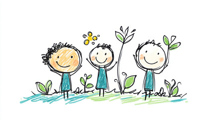 A whimsical hand-drawn illustration of three happy children holding plants, celebrating nature and life in a joyful scene.