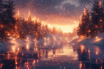 Fototapeta premium Abstract winter landscape with glowing New Year's lights