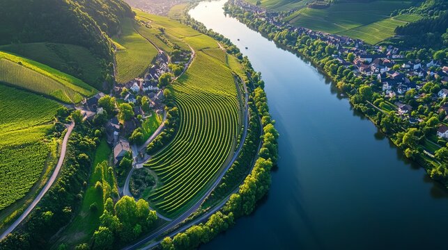 An aerial view of the Moselle River winding through Bremm, Germany, highlighting the scenic river curves, lush vineyards, and picturesque village nestled along the riverbanks.